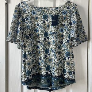 Lucky Brand Women’s XL Pullover Floral Blue Short Sleeve Keyhole Blouse